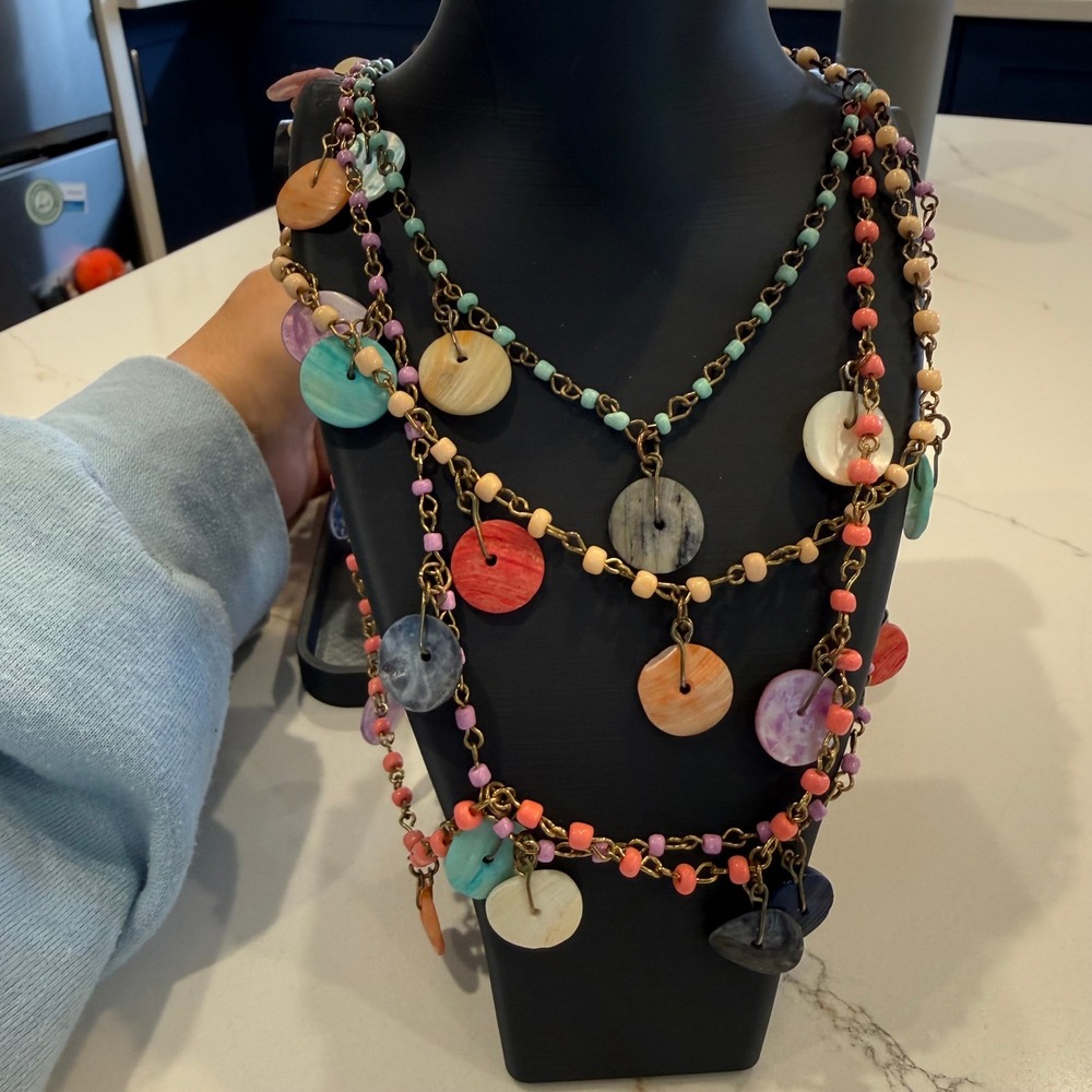 Boho Layered Multicolor Shell Disc Charm Beaded Long Statement Necklace